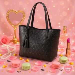 Black Skull Embossed Vegan Leather Tote Shoulder Bag with Tassel NWT